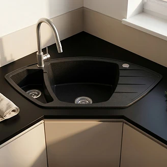 Granit Hjørnevask <strong>Cornerstone</strong>  Sort Mat 90x54 cm med Vandlås