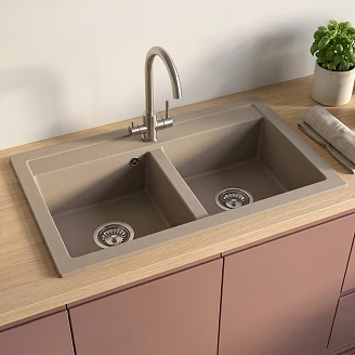 Granit Dobbelt Køkkenvask <strong>Geoma</strong>  Beige Mat 75x45 cm med Vandlås