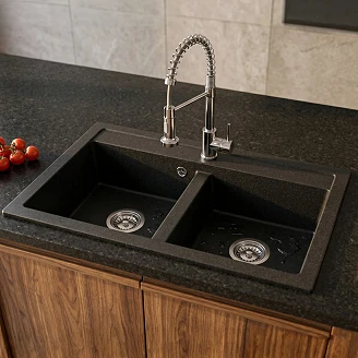 Granit Dobbelt Køkkenvask <strong>Geoma</strong>  Sort Mat 75x45 cm med Vandlås
