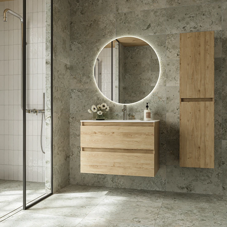 Vaskeskab Blisse Eg Mat 70 cm med To Skuffer & Vask Hvid Blank