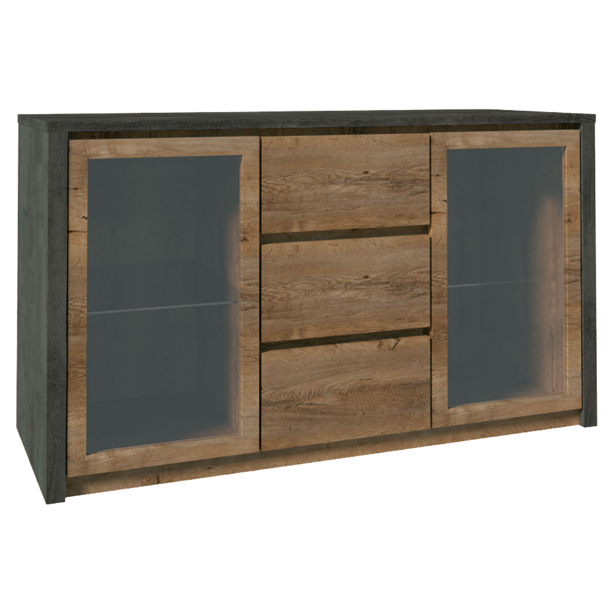 Skænk Vistro Lefkas Eg, Glat Grå med Glas 43x140 cm