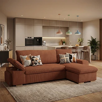 Hjørnesofa <strong>Flända</strong>  Lincoln Terrakotta med USB & Skammel 255 cm