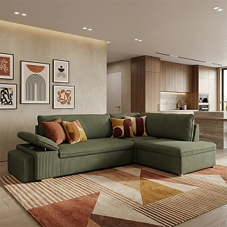 Divansofa <strong>Flända</strong>  Lincoln Khakigrøn med USB, Skammel & Opbevaring 260 cm