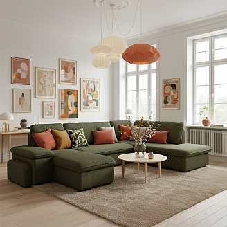 U-sofa <strong>Flända</strong>  Lincoln Khakigrøn med USB, Skammel & Opbevaring 315 cm
