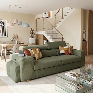 Sovesofa <strong>Skondri</strong>  Lincoln Khakigrøn med Nakkestøtte & USB 251 cm