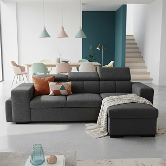 Hjørnesofa <strong>Skondri</strong>  Boston Sort med Nakkestøtte, USB & Opbevaring 251 cm