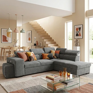 Divansofa <strong>Skondri</strong>  Boston Askegrå med Vendbar, Nakkestøtte & Opbevaring 267 cm