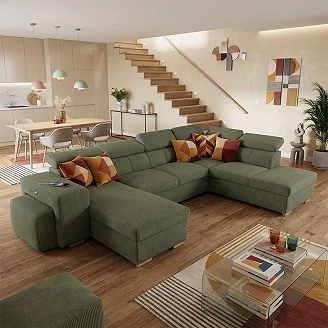 U-sofa <strong>Skondri</strong>  Lincoln Khakigrøn med Nakkestøtte, USB & Opbevaring 334 cm