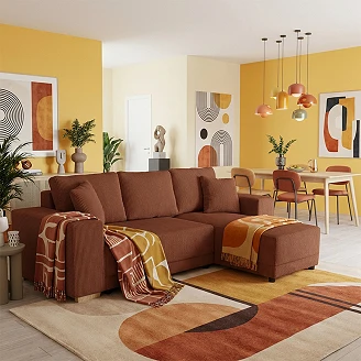 Hjørnesofa <strong>Teldra</strong>  Lincoln Terrakotta med USB, Skammel & Opbevaring 254 cm