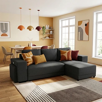 Hjørnesofa <strong>Teldra</strong>  Portland Kulgrå med USB, Skammel & Opbevaring 254 cm