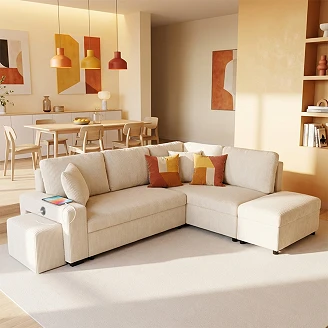 Divansofa <strong>Teldra</strong>  Lincoln Perlegrå with Vendbar, USB & Opbevaring 258 cm