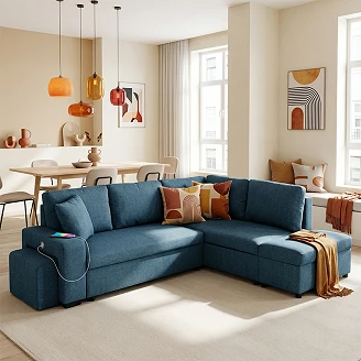Divansofa <strong>Teldra</strong>  Portland Marineblå med Vendbar, USB & Opbevaring 258 cm