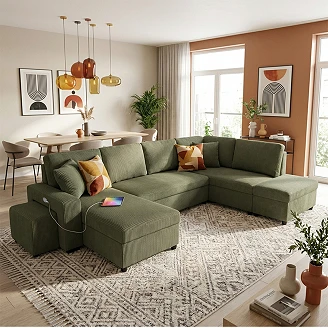 U-sofa <strong>Teldra</strong>  Lincoln Khakigrøn med USB, Skammel & Opbevaring 326 cm
