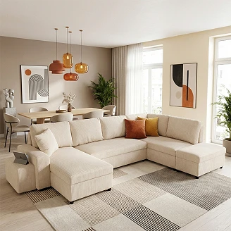 U-sofa <strong>Teldra</strong>  Lincoln Perlegrå med USB, Skammel & Opbevaring 326 cm