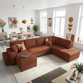 U-sofa <strong>Teldra</strong>  Lincoln Terrakotta med USB, Skammel & Opbevaring 326 cm