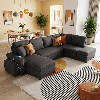 U-sofa <strong>Teldra</strong>  Portland Antracit med USB, Skammel & Opbevaring 326 cm