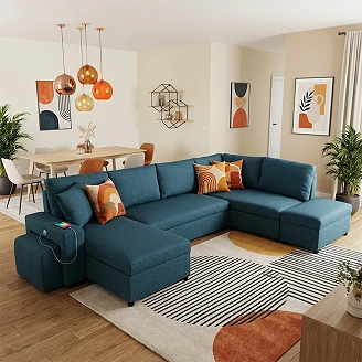 U-sofa <strong>Teldra</strong>  Portland Marineblå med USB, Skammel & Opbevaring 326 cm