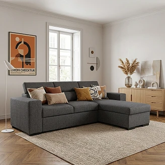 Hjørnesofa <strong>Dövlo</strong>  Portland Musgrå med 3x Nakkestøtte & Opbevaring 237 cm