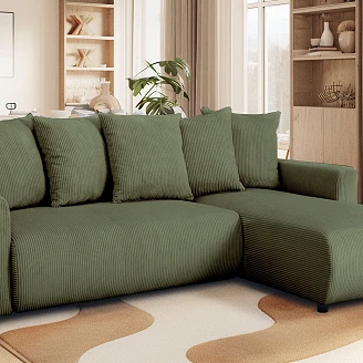 Hjørnesofa <strong>Skarla</strong>  Lincoln Khakigrøn med Vendbar & Opbevaring 228 cm