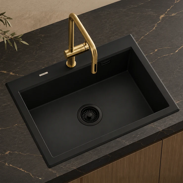 Granit Køkkenvask Eridan Sort Mat 70x52 cm med Vandlås