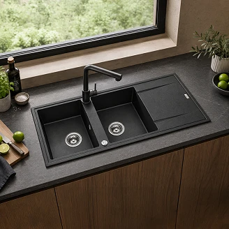 Granit Køkkenvask med Afløbsbakke <strong>Brenca</strong>  Sort Mat 116x50 cm med Vandlås