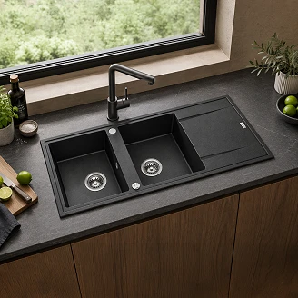 Granit Køkkenvask med Afløbsbakke <strong>Brenca</strong>  Sort Mat 116x50 cm med Vandlås