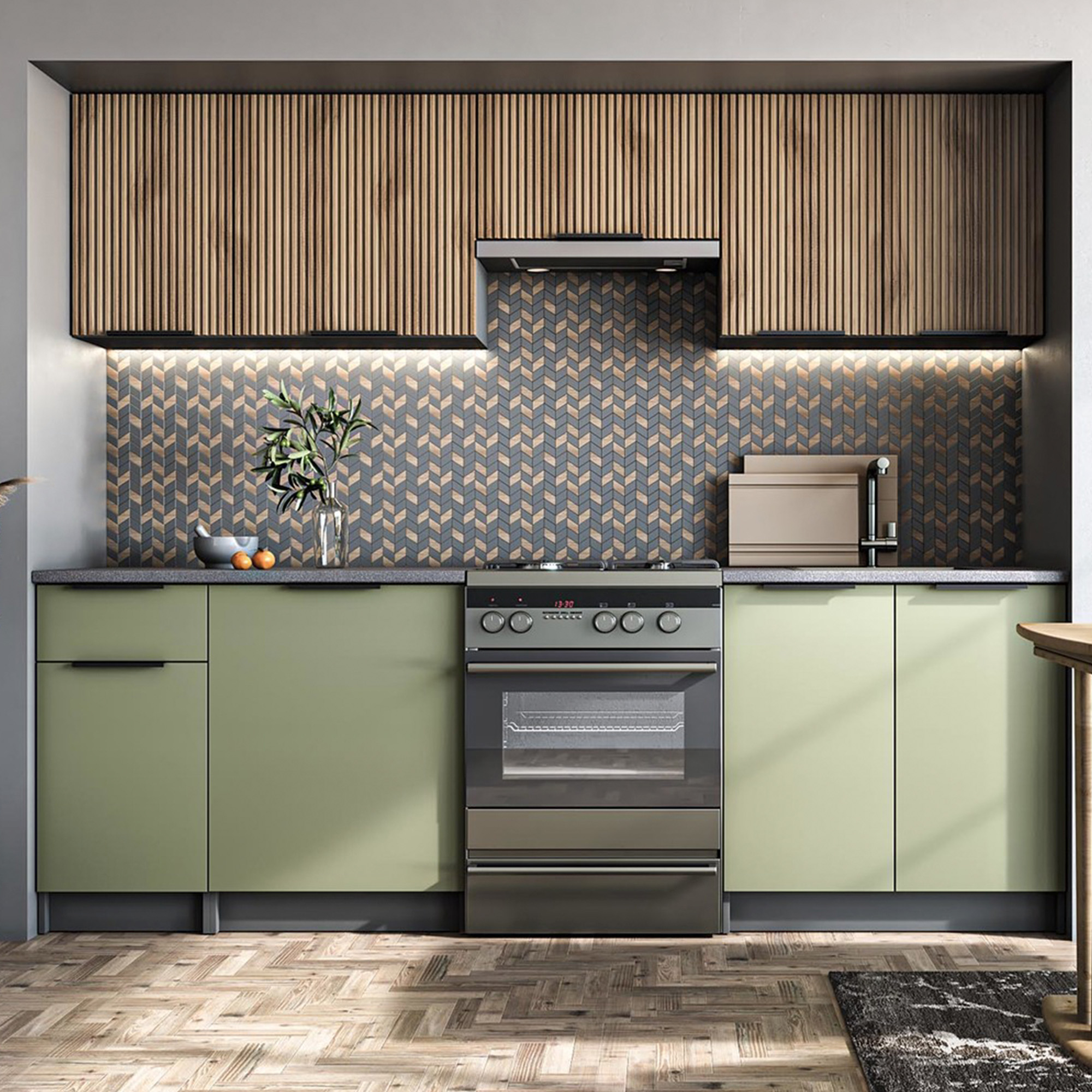 Køkken Villandry Valnød/Pistaciegrøn 240 cm med Bordplade