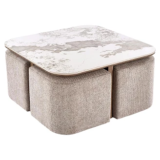 Sofabord med Puffer Kavro Beige Marmor, Valnød